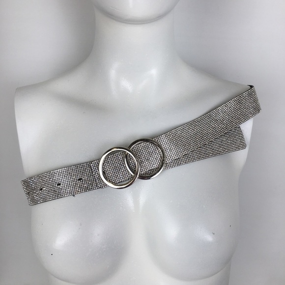 Faux Leather Rhinestone Studded Statement Belt Silver Double Circle Buckle Bling - Picture 11 of 11